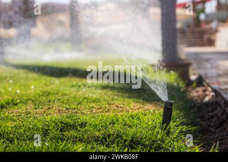 Bewässern Sie das Gras auf dem Rasen. Wasserbewässerungssystem. Automatische Rasenbewässerung. Stockfoto