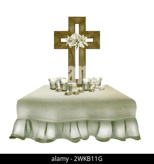 Aquarell religiöse Komposition von Tischdecke mit Rüschen, orthodoxem Holzkreuz, weißen Lilien, Kerzen in einem Farbschema Salbeiblatt. Stockfoto