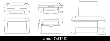 Druckervektorsatz. Multifunktionsdrucker für elektronische Bürogeräte. Laserdrucker zum Drucken von Text. Eine Reihe von Symbolen für Geräte zum Arbeiten mit Stock Vektor