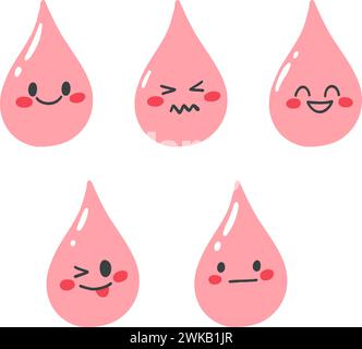Handgezeichnete Bluttropfen im Kawaii-Stil. Niedliche Charaktere, Konzept des Menstruationszyklus, Blutspende. Stock Vektor