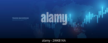 Ein Kerzendiagramm auf blauem Hintergrund mit einer globalen Weltkarte. Der Zeitplan für den Handel mit Anlagen an der Börse. Stock Vektor