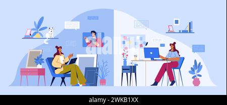Hybrides Arbeitsmodell oder flexibler Zeitplan. Weibliche Mitarbeiterin, die teilweise im Büro und von zu Hause aus arbeitet. Frauen haben unterschiedliche Standorte für Aufgaben und alternative Arbeitsbereiche. Stock Vektor