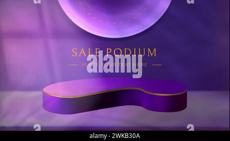 Realistisches 3D-Vektor-Verkaufspodium oder Sockel mit hinterlassenen Schatten auf violettem Hintergrund. Produktpräsentation mit goldenem Dekor und Sonnenschirmen an der Wand. Showcase-Szene für Ausstellung oder Showroom. Stock Vektor