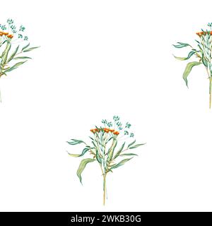 Nahtloses Muster mit Blumenstrauß, Wiesenblättern und wildem trockenem Gras. Vintage Tapete mit immergrünem Grasfeld in der Natur, Wiese in Stockfoto