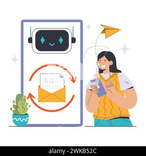 Digitales Automatisierungskonzept. Eine fröhliche Frau interagiert mit ihrem Mobiltelefon, während ein Bot E-Mails effizient verwaltet und so nahtlose Arbeitsabläufe und höhere Produktivität signalisiert. Illustration des flachen Vektors Stock Vektor