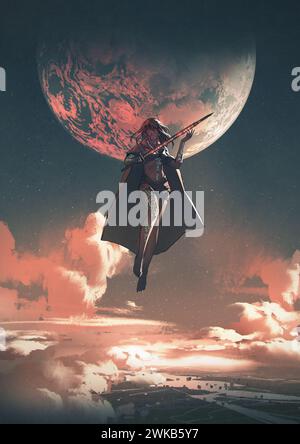 Ein weiblicher Superheld mit einem magischen Schwert schwimmt am Himmel, digitale Kunst, Illustrationsmalerei Stockfoto