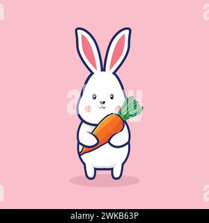 Nettes Kaninchen, das Karotten-Karikaturvektor-Illustration hält. Symbol für Zeichentrickfiguren. Hase Animal Maskottchen-Logo, Aufkleber für Osterhasen-Feiertags-T-Shirt Stock Vektor