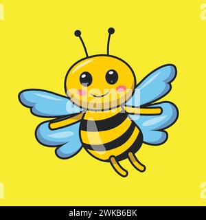 Happy Flying Bee Cartoon Illustration. Niedliche Biene flache Stil Vektorkunst. Bienenaufkleber für T-Shirt, Icon, Web, Element. Niedliche, lächelnde Bienenmütze für Wildtiere Stock Vektor