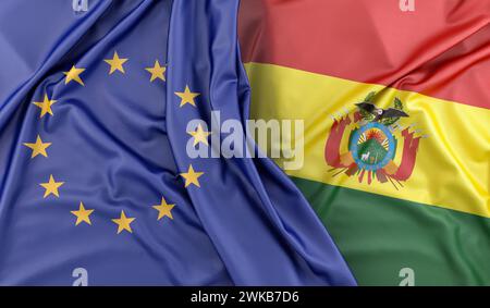 Rüschenflaggen der Europäischen Union und Boliviens. 3D-Rendering Stockfoto