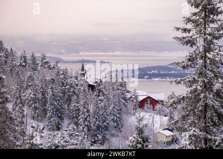 Blick in Richtung Oslofjord vom Stadtteil Holmenkollen in Oslo, Norwegen Stockfoto