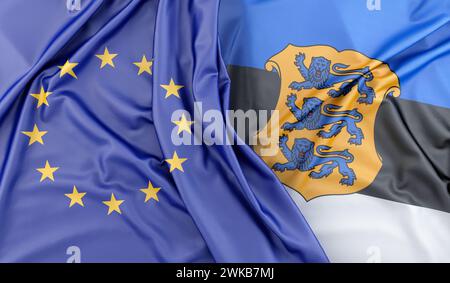 Rüschenflaggen der Europäischen Union und Estlands (mit Wappen). 3D-Rendering Stockfoto