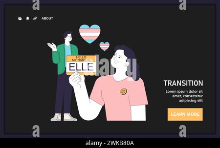 Gender Transition Web oder Landing. Bestätigung der Geschlechtsidentität. Befähigte Person, die stolz ihre neuen Äußerungen zeigt. Rechte und Identität transferieren. Illustration des flachen Vektors Stock Vektor