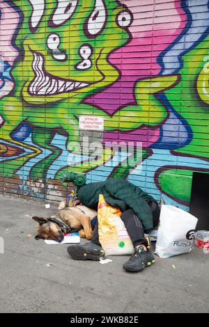 Der Mann und sein Hund schlafen auf dem Bürgersteig gleich neben der Canal Street in Chinatown in Manhattan, New York City. Stockfoto