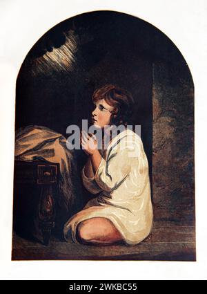 Illustration des jungen Samuel betend und Gott spricht zu ihm (Buch Samuel) Altes Testament aus der antiken illustrierten Familienbibel Stockfoto