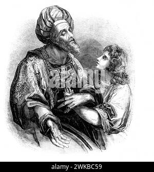 Illustration des jungen Samuel mit dem Hohepriester Eli am Tabernakel aus der antiken Familienbibel des 19. Jahrhunderts Stockfoto