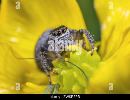 Springspinne (Evarcha arcuata, Evarcha marcgravi), auf einer gelben Blume, Deutschland Stockfoto