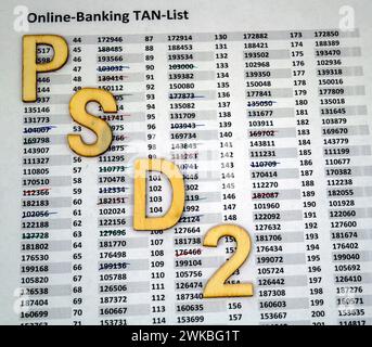 Schriftzug „PSD2“ mit TAN-Liste für Online-Banking Stockfoto