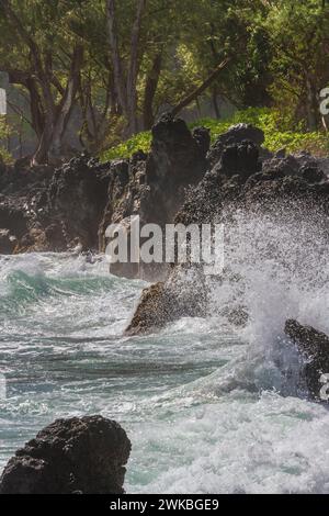 Wellen auf Lavasteinen am Strand auf der Keanae-Halbinsel, entlang der Road to Hana auf der Insel Maui in Hawaii. Stockfoto