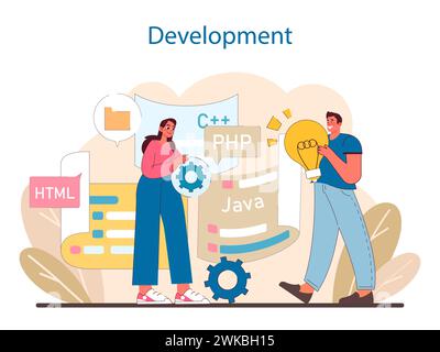 Entwicklungsphase im IT-Projektmanagement. Eine dynamische Darstellung von Codierung und Programmierung. Konzeptualisierung von Lösungen bei der Softwareerstellung. Illustration des flachen Vektors. Stock Vektor