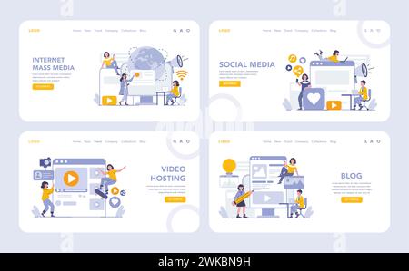 Internet-Massenmedien Web- oder Landing-Page-Set. Umfassende digitale Plattformen für Nachrichten, soziale Netzwerke, Video-Hosting und Blogging. Verbinden und online interagieren. Vektorabbildung. Stock Vektor