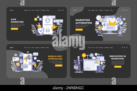 Innovation bei Marketing Night- oder Dark-Mode-Web- oder Landing-Page-Sets. Zeigt sichere Marketingpraktiken, automatisierte Systeme, Mobile-First-Strategien und fortschrittliche Entwicklungen. Vektorabbildung. Stock Vektor