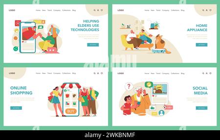 Digital Literacy for Senior Set. Videokonferenzen, Navigation in sozialen Medien und Online-Shopping. Verbesserung der Kommunikation und des Komforts für ältere Menschen in der modernen Welt. Vektorabbildung Stock Vektor