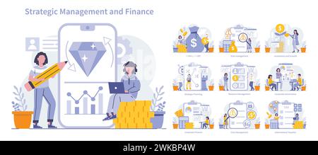 Strategisches Management und Finanzen. Verschiedene Geschäftsszenarien, einschließlich Gewinngenerierung, Risiko, Investitionen, Planung und Governance. Unternehmensfinanzstrategien in Aktion. Vektorabbildung. Stock Vektor