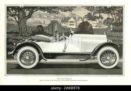 Vintage 1920 Stutz Motor Car Company Advertising mit einem Luxusfahrzeug vor einem Landgut. Der Bearcat, Seitenansicht Stockfoto