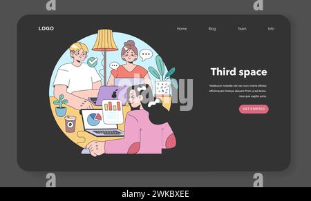 Dritter Platz Webbanner oder Landing-Page im Nacht- oder Dunkelmodus. Geselliges Umfeld. Community Life Building, People Interaction und Kommunikationszone. Illustration des flachen Vektors Stock Vektor