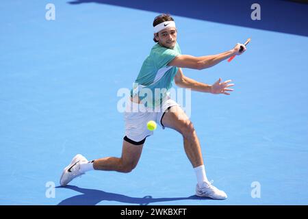 Delray Beach, FL, USA. Februar 2024. Taylor Fritz (USA) gewinnt 2024 die Delray Beach Open am 19. Februar 2024 im Delray Beach Tennis Center in Delray Beach, FL. Anrede: Andrew Patron/Media Punch/Alamy Live News Stockfoto