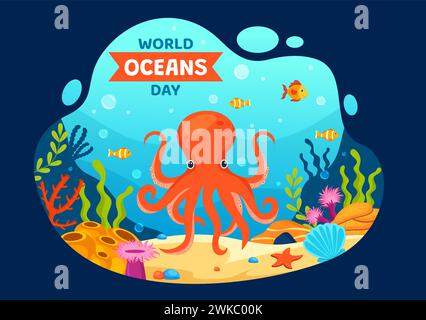 World Oceans Day Vektor Illustration zum Schutz und Erhalt von Ozean, Fisch, Ökosystem oder Meerespflanzen im flachen Cartoon Hintergrund Design Stock Vektor