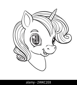 Baby Einhornkopf Ausmalbuch für Kinder, magisches Feenpferd, Vektorlinienzeichnung isoliert auf weißem Hintergrund Stock Vektor