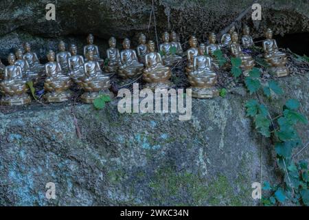 Miniatur sitzende Buddhas auf Felsvorsprung in einem bergigen öffentlichen Park in Südkorea Stockfoto