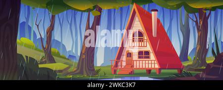Holzhaus im Wald bei regnerischem Wetter. Karikaturvektorlandschaft mit Wald mit Bäumen und Büschen, kleine Ferienhütte, fallende Regentropfen und Pudd Stock Vektor