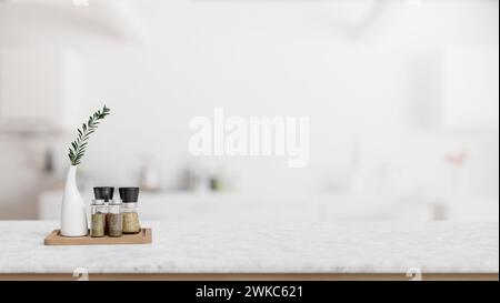 Marmorarbeitsfläche mit leerem Platz für Ausstellungsartikel, eine Keramikvase und Gewürzflaschen mit verschwommenem Hintergrund einer weißen Küche. 3D re Stockfoto