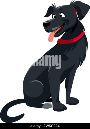 Glücklicher, freundlicher, großer schwarzer Hund, der mit der Zunge ausgerückt ist, roter Kragen am Hals. Illustration des flachen Vektors Stock Vektor