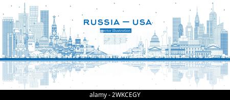 Skizzieren Sie die Skyline von Russland und den USA mit blauen Gebäuden. Berühmte Wahrzeichen. Vektorabbildung. USA und Russland Konzept. Stock Vektor