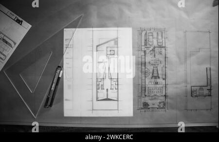 Architektur Skizzieren von Plänen. Stockfoto