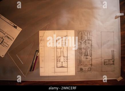 Architektur Skizzieren von Plänen. Stockfoto