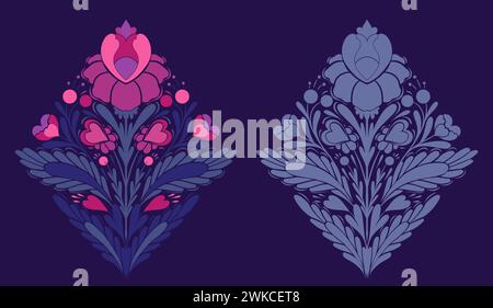 Vektorsatz von floralen Cliparts. Sammlung dekorativer Volkskunst-Illustrationen symmetrische Blumen, Herzen und Laub in Silhouette Stock Vektor