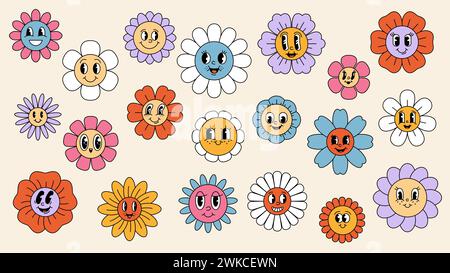 Retro Hippie groovige Gänseblümchen Sonnenblumenfiguren Set. Isolierter Vektor süße fröhliche Kamillenblüte mit lebhaftem fröhlichem Lächeln, florale erinnert an die 70er Jahre und verbreitet Freude mit fröhlicher Präsenz Stock Vektor