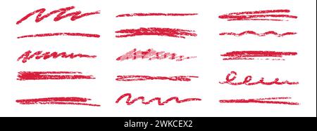 Pinselstrich mit Buntstift rot unterstrichen. Hervorhebungsstrich mit Kreidestift. Vektor Handgezeichneter Pinsel Unterstrich Element Set für Akzent, Buntstift Textur Hervorhebung Element. Illustration des roten Kreidevektors Stock Vektor