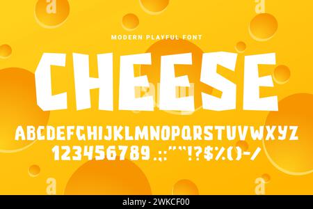 Käse-Rough-Fun-Schriftart, Ausschnittart, englisches Zeichentrick-Alphabet, Snack-Food-Schriftart. Vektortypografie-Charaktere, lustige, verspielte abc-Schriftzeichen für Kinder, Zahlen und Schilder mit gehackten unregelmäßigen Formen Stock Vektor