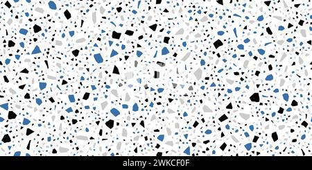 Terrazzo-Keramik-Fliesenmuster von schwarzem, blauem und grauem Marmor-Steinmosaik, Vektorhintergrund. Terazzo- oder Terrazo-Bodenstruktur mit gebrochenen Marmorsteinen und Keramikstücken in abstrakten geometrischen Formen Stock Vektor