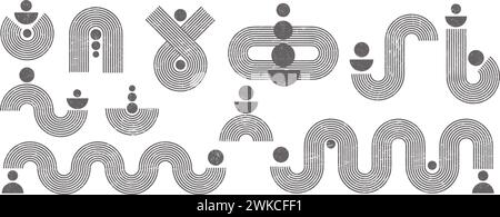 Geometrische Linien Zen-Muster. Abstrakte schwarze Bögen und Formen. Gleichgewichtszahlen mit linearen Umrisslinien. Nordische Boho minimal Bio Stock Vektor