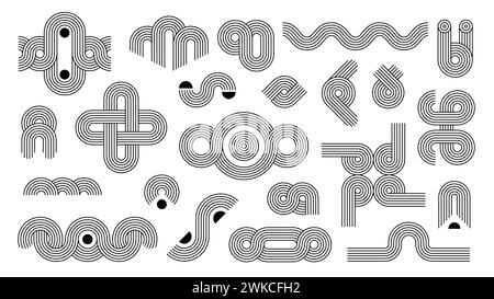 Geometrische Zen-Bogenmuster, Strichfiguren und Strichformen. Isolierte Vektoren Vintage nordische lineare Wellen, Kreise und Kreuze. Balance, abstrakte, monochrome Elemente. Ästhetische Konturgeometrien Stock Vektor