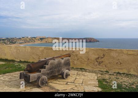 Kanonen in Sagres Fort in Portugal. Festung Sagres (Fortaleza de Sagres), Region Algarve Stockfoto