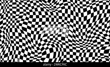 Trippiger Schachbretthintergrund, welliges Schachbrettmuster, optische Illusion. Nahtloser Vektor-Schwarzweiß-Wirbel. Abstrakte verzerrte psychedelische Textur, geometrische Ornamente, monochromer Schachbrettdruck Stock Vektor