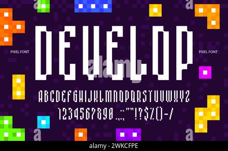 Digitale Pixelschrift, moderne Schrift oder geometrisches 8-Bit-Alphabet, Vektorbuchstaben mit Binärbuchstaben. Arcade-Videospiel-Pixel-Schriftart oder Retro-Tech-Schriftart mit englischem Alphabet in 8-Bit-Pixel-Art-Typografie ABC Stock Vektor