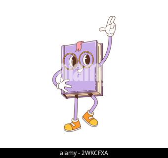 Cartoon Retro Buch groovige Figur. Isolierte Vektor-Lehrbuchfigur im flippigen Partystil der 60er oder 70er Jahre, mit Brille, fröhlichem Tanz und einem breiten, einladenden Lächeln. Zurück in die Schulbildung Stock Vektor